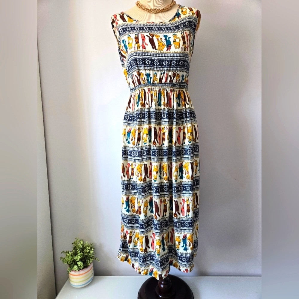 BEAUTY Cartoon Cat Patterned Lightweight Multicolor Sleeveless Midi Dress. Small - Picture 2 of 10